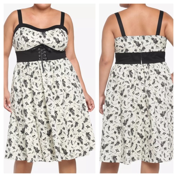 Thorn & Fable Plus Size Ivory & Black Raven Skull Retro Dress - Picture 1 of 7